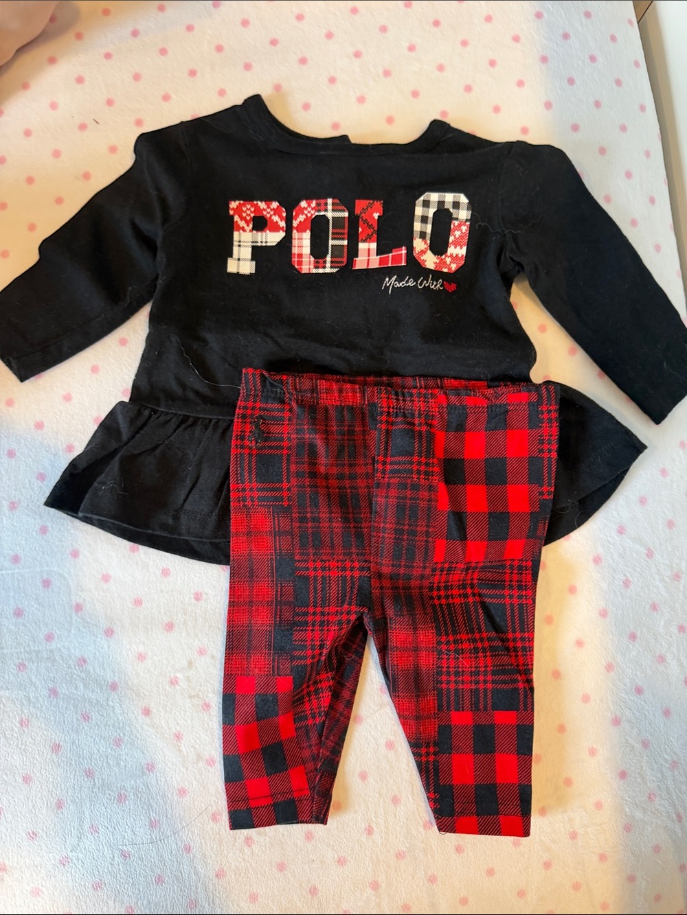 Ralph Lauren Black baby winter Peplum Top with Red Plaid Leggings matching set
